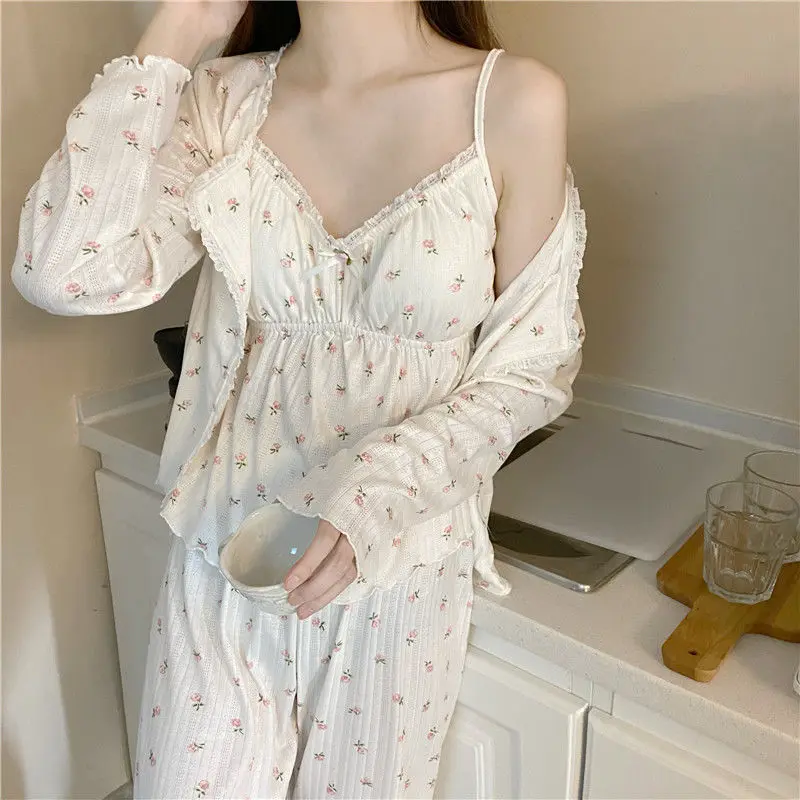 Pajama Sets Women Spring Ins Fashion Sexy Elegant Trendy Nightwear Loose Popular Soft Chic Sleepwear Home Long Sleeve Ulzzang