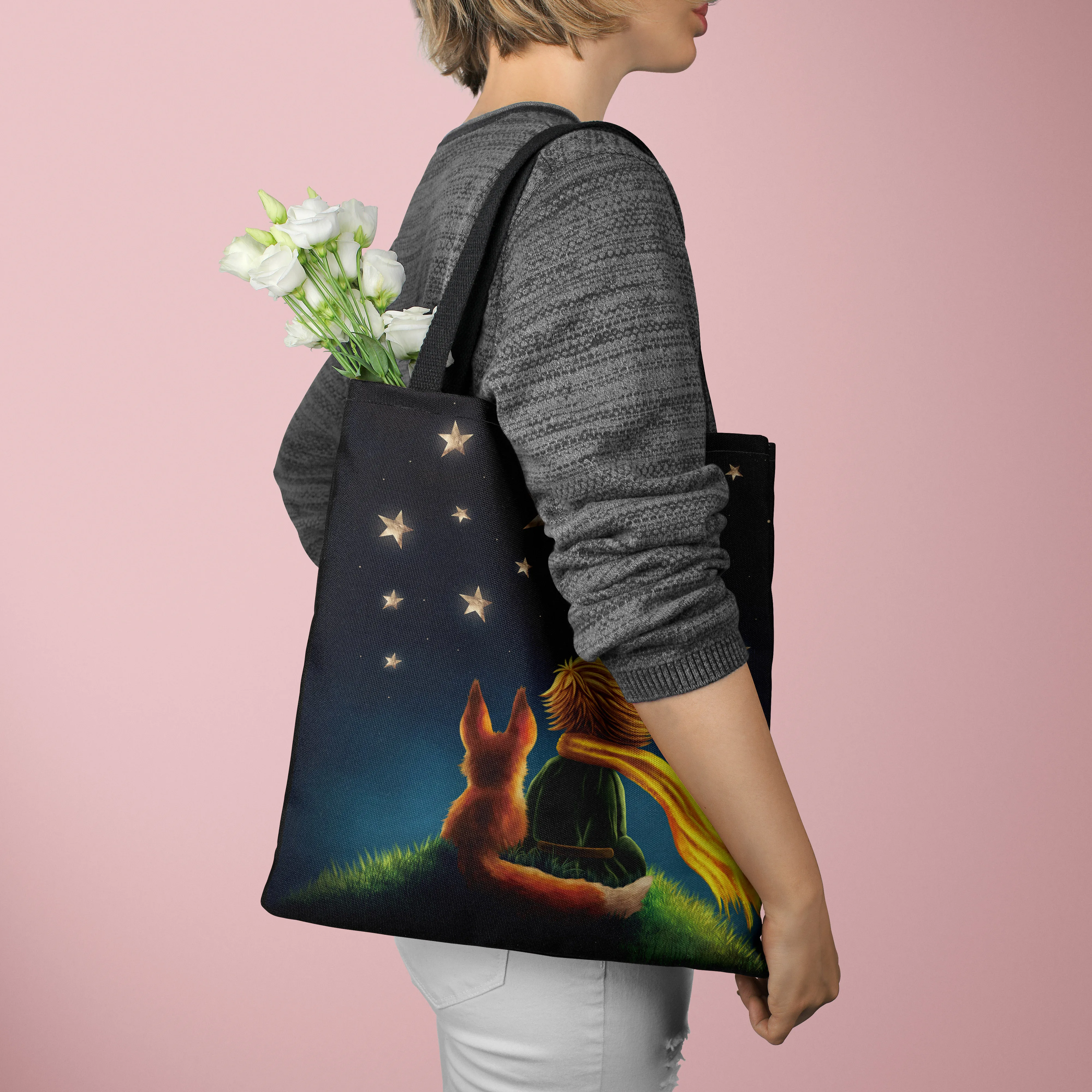 Bolso de lona con estampado The Little Prince Series, bolsa de hombro ligera, bolsa de compras versátil, bolso de mano con soporte