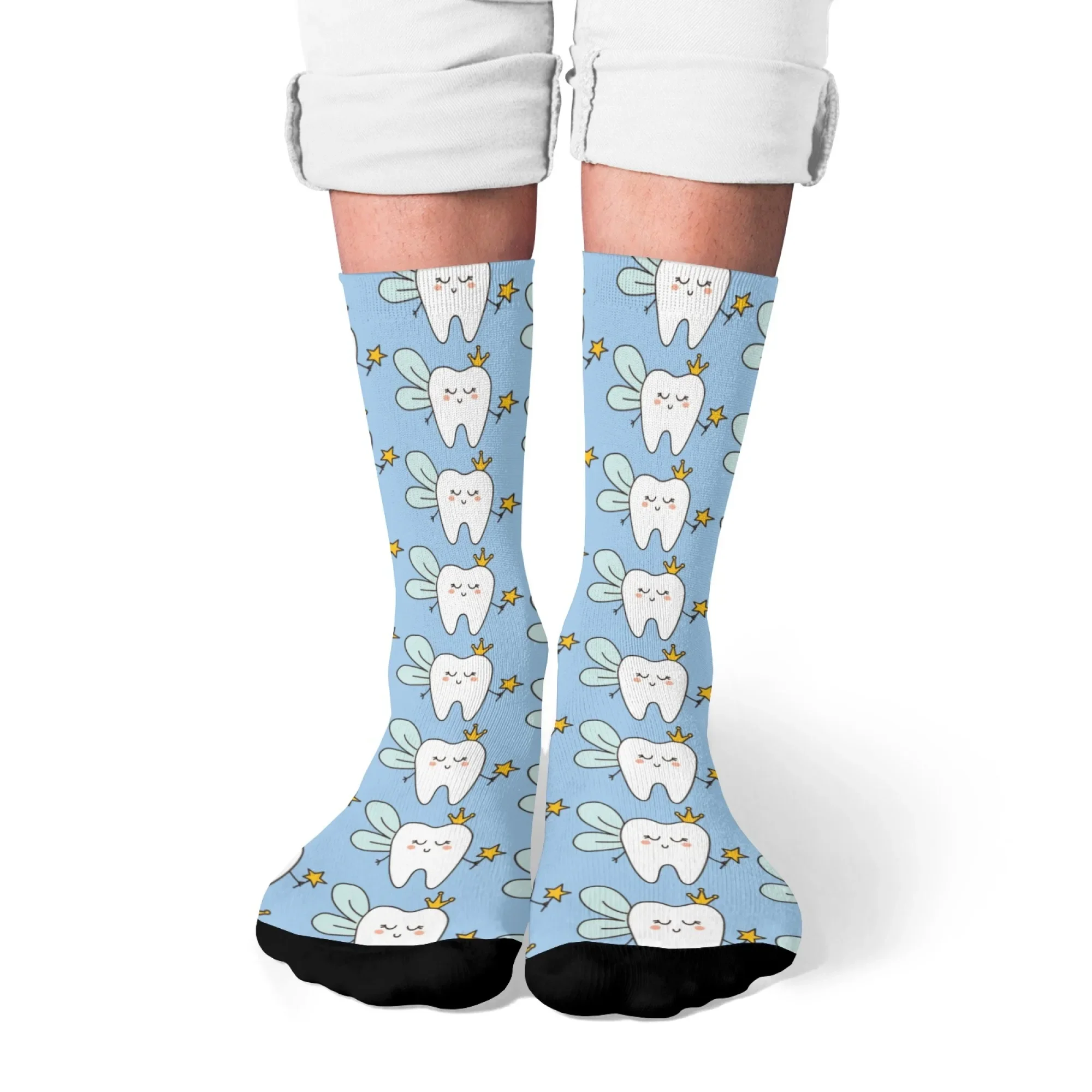 

Cute Cartoon Tooth Fairy Socks,Wings Crowns Stars Design,Light Blue Background Crew Socks,Novelty Funny Happy Street Style