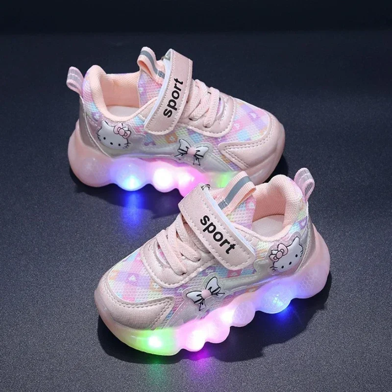 Girl\'s Cartoon Hello Kitty Light Shoes Children Mesh Breathable Led Light  Luminous Sneakers Kids Outdoor Anti-slip Casual Shoes