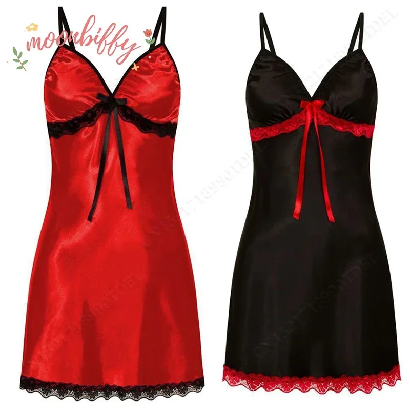 

Женская одежда для сна больших размеров, ночная рубашка, кружевное шелковое атласное ночное платье без рукавов, ночная рубашка с v-образным вырезом, сексуальная ночная рубашка