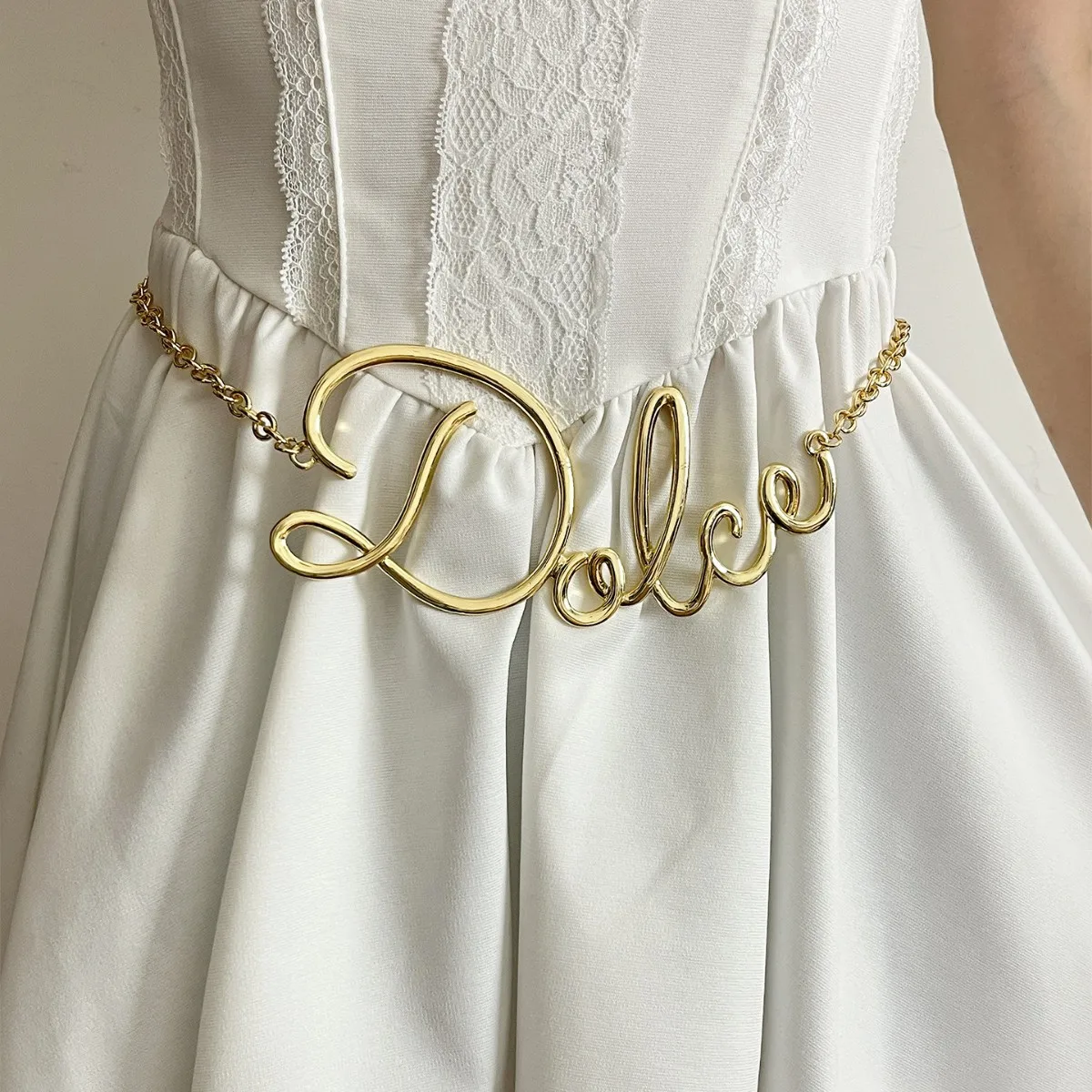 

HANGZHI Summer Retro Gold Letter Waist Chain Metal Chain Thin Waistband Skirts Pants Accessories for Women