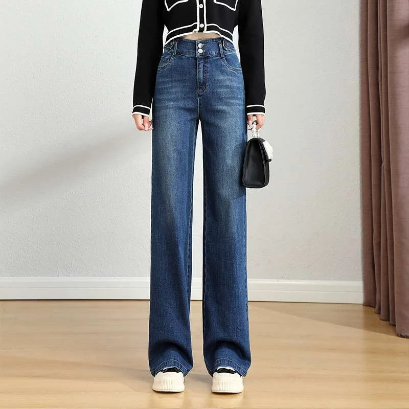 

Широкие джинсы с высокой талией, женские осенне-зимние новые джинсы Sle Cleanfit, синяя эластичная ткань из искусственной кожи, большие размеры для женщин среднего возраста