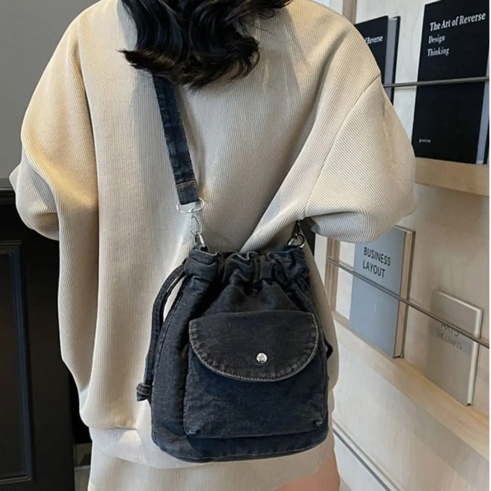 

Korean Style Retro Denim Shoulder Bag Crossbody Bag Solid Color Drawstring Bucket Bag Wallet Bags Purse Mobile Phone Bag Women