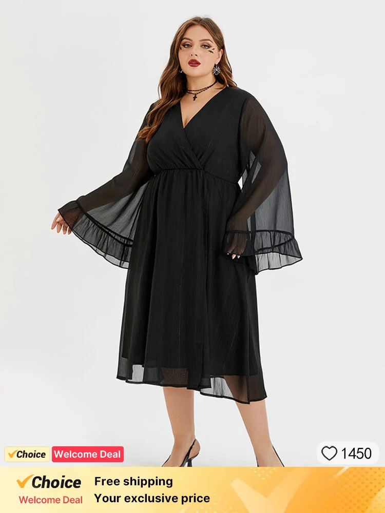 Plus Sized Clothing Halloween Spring Solid V-Neck Flare Sleeve Midi Dress Women's Elegant Long Sleeved Halloween Costume 2023