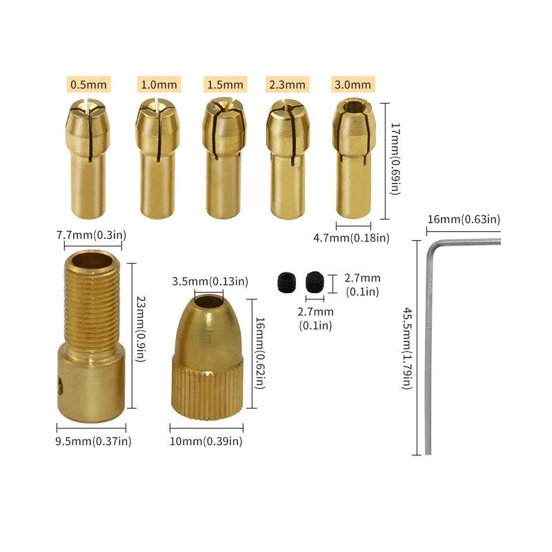 7pcs0.5-3mm Inner diameter Small Electric Bras Drill Bit Collet Micro Twist Drill Chuck Set Motor Shaft Clamp2.35/3.17/4.05/5.05