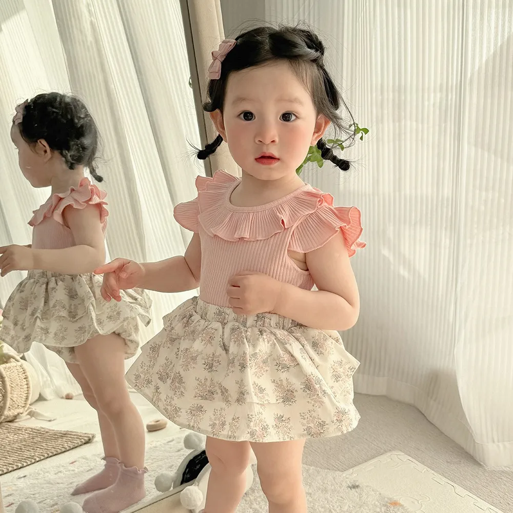 مجموعة الصيف للفتيات الصغيرات: بلوزة برقبة اللوتس المزينة بالأناناس الوردي + بذلة مطبوعة بالأزهار تنورة قصيرة حلوة ولطيفة من قطعتين #2