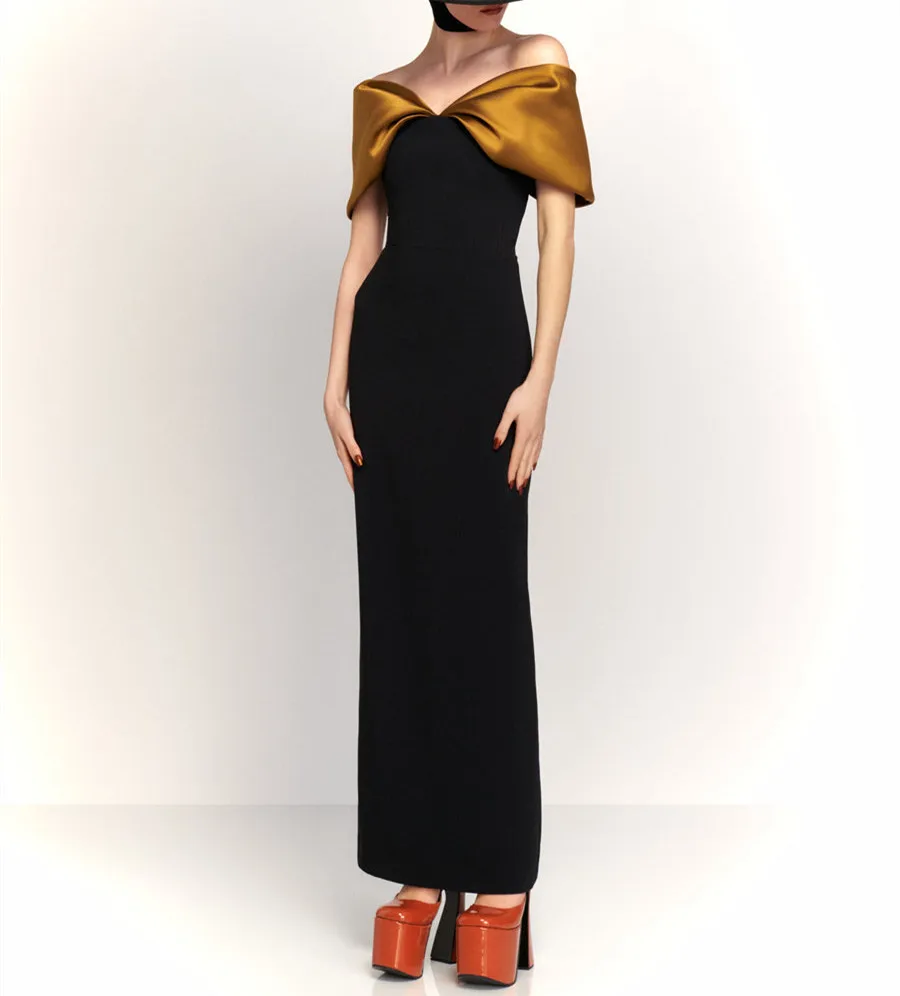 Vestidos de Noche largos de crepé negro personalizados con hendidura sirena satén fuera del hombro hasta el tobillo vestido de invitados de boda para mujer