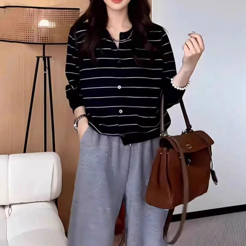 

Новинка весны и осени 2025 года, женский вязаный кардиган в полоску с круглым вырезом из 100% шерсти, свободный универсальный базовый слой с длинными рукавами