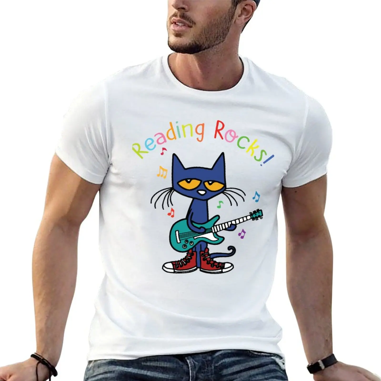 

Reading rock pete the cat Classic T-Shirt man t shirt cotton high quality t shirt for man T-Shirt
