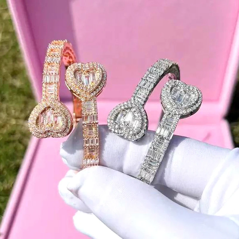 2025 New Iced Out Bling Opened Heart Zircon Charm Bracelet Rectangle AAA CZ Hearts Bangle For Men Women Hiphop Luxury Jewelry view 4