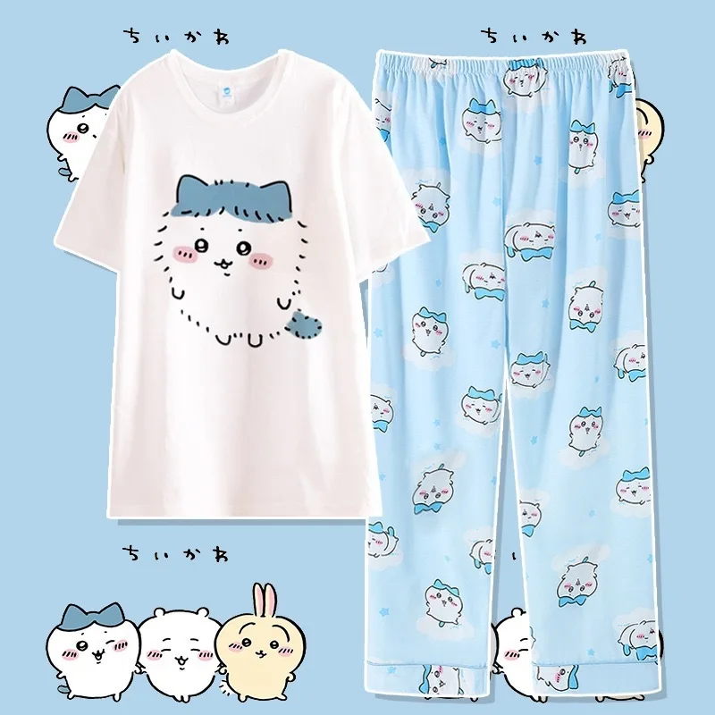 Chiikawa Pyjamas Hachiware Mädchen Baumwoll-Kurzarmhosen-Set Lockerer Anzug Langarm Lange Hosen Cartoon Niedliche Freizeitkleidung für Zuhause Geschenk