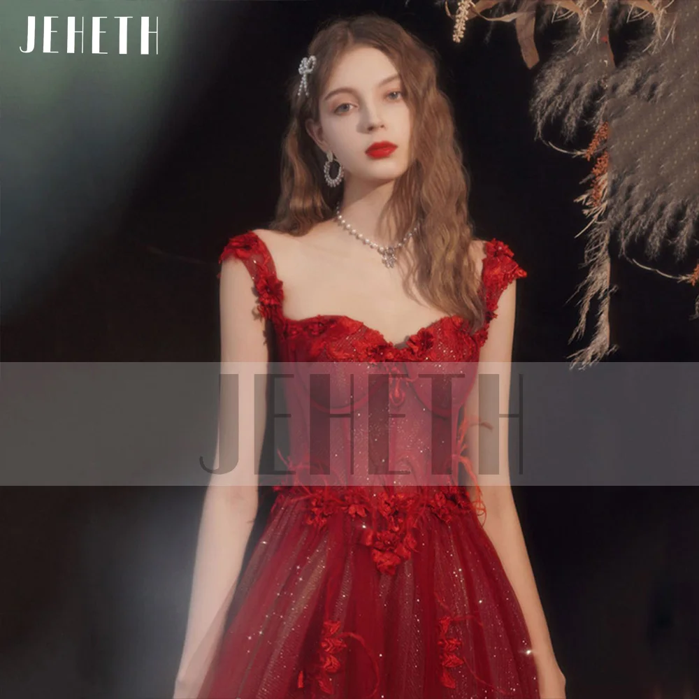 JEHETH vestido de fiesta de tul rojo con hombros descubiertos, brillante, flores con plumas, purpurina, escote Corazón, línea A, espalda abierta, vestido de noche Formal