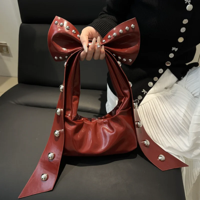 Fashionable Studded Underarm Bag For Women New High-end Versatile Shoulder Bag Niche Bowknot Handbag
