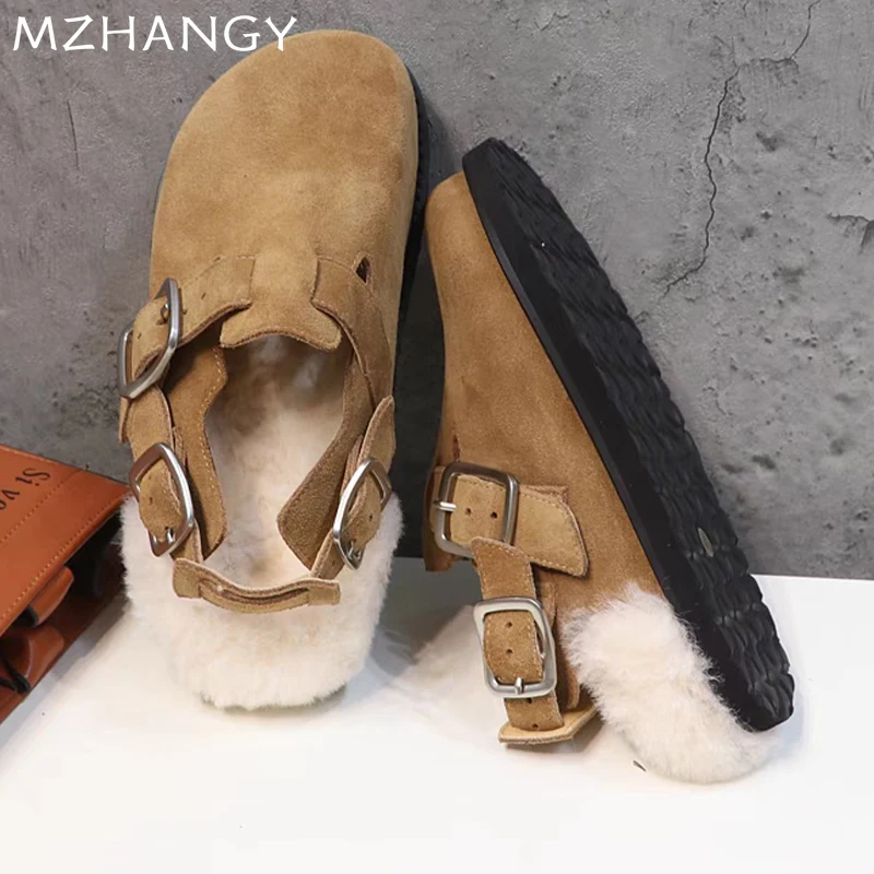 Women Leather Mules Cotton Shoes Flats Fur Buckle Slippers Woman 2025 Trend Winter Warm Casual Fashion New Cozy Mujer Snow Boots