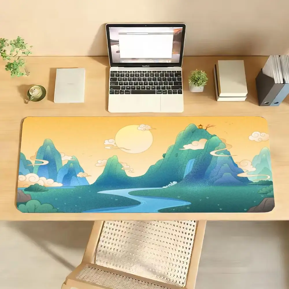 Oriental Ink Mountain River Scenery Desk Mat, Large Non‑Slip Rubber Extended Gaming Mouse Pad for Laptop Home Office Table Decor