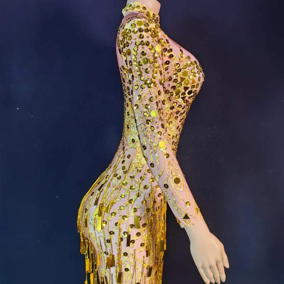 المرأة الذهب حجر الراين الترتر عيد ميلاد مساء الملكة التسلق أداء مرحلة فستان طويل Nightout Bodycon زي التخرج