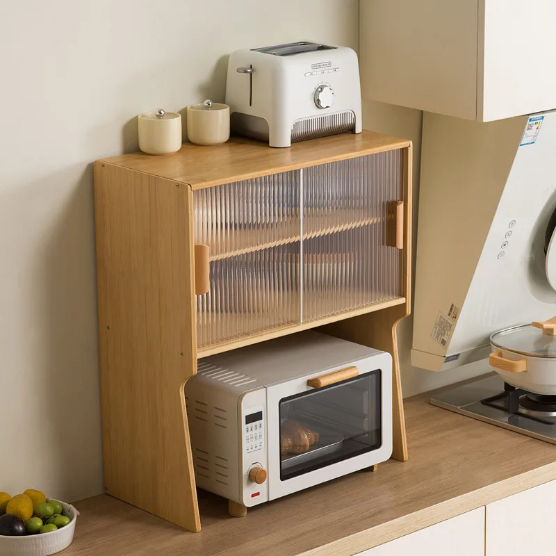Kitchen storage cabinet, microwave oven, rice cooker storage rack, condiment rack, bowls, plates, water cups, storage rack