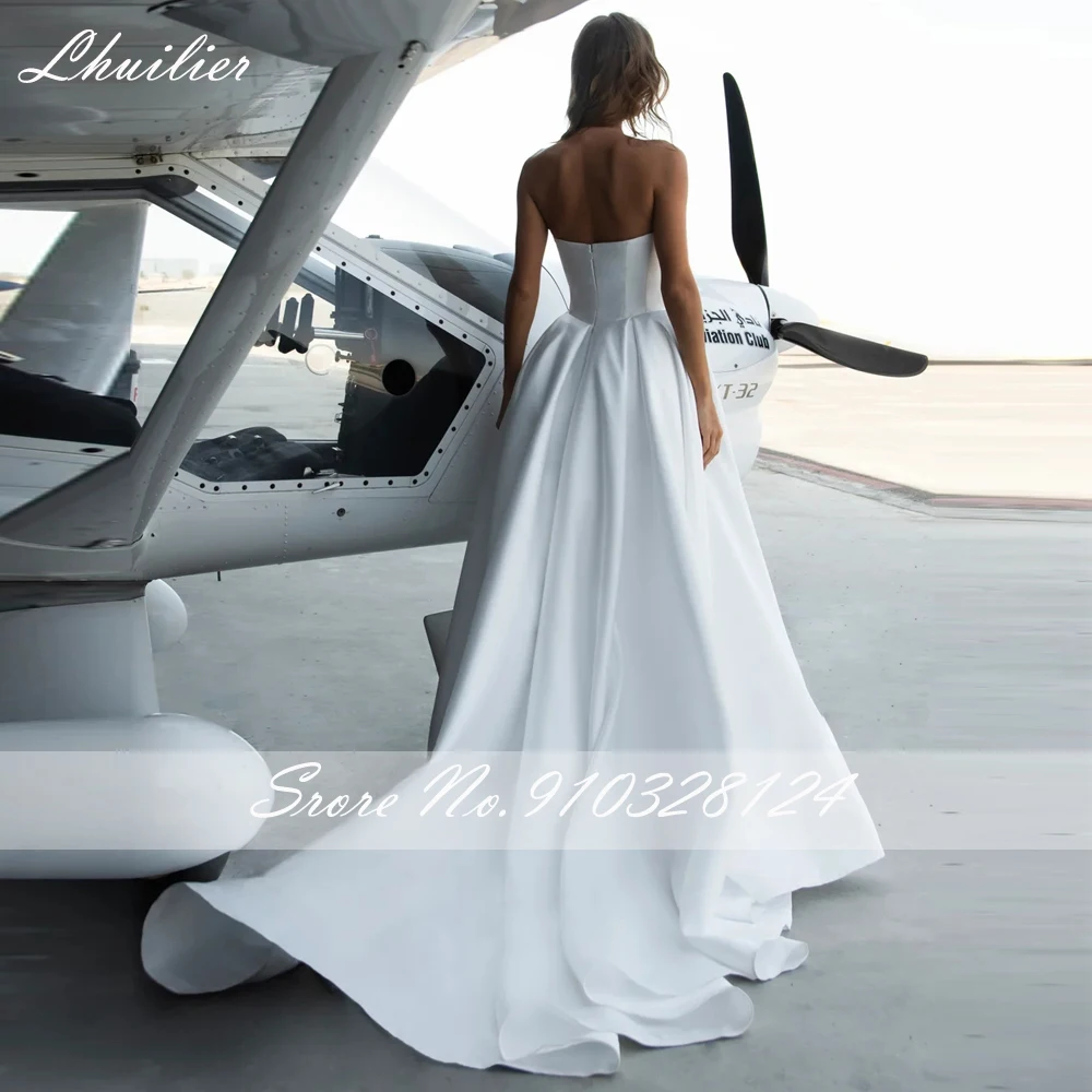 Lhuilier Customized A Line Strapless Satin Wedding Dresses Sleeveless Bridal Gowns with Chapel Train