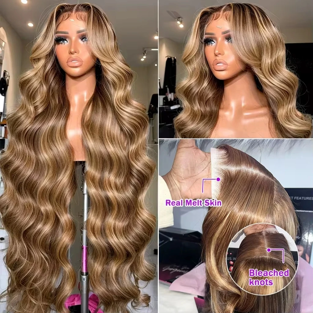 30 Polegada 4/27 mel loira destaque 250 densidade onda do corpo ombre destaque peruca de cabelo humano 13x6 peruca dianteira do laço cabelo humano para mulher