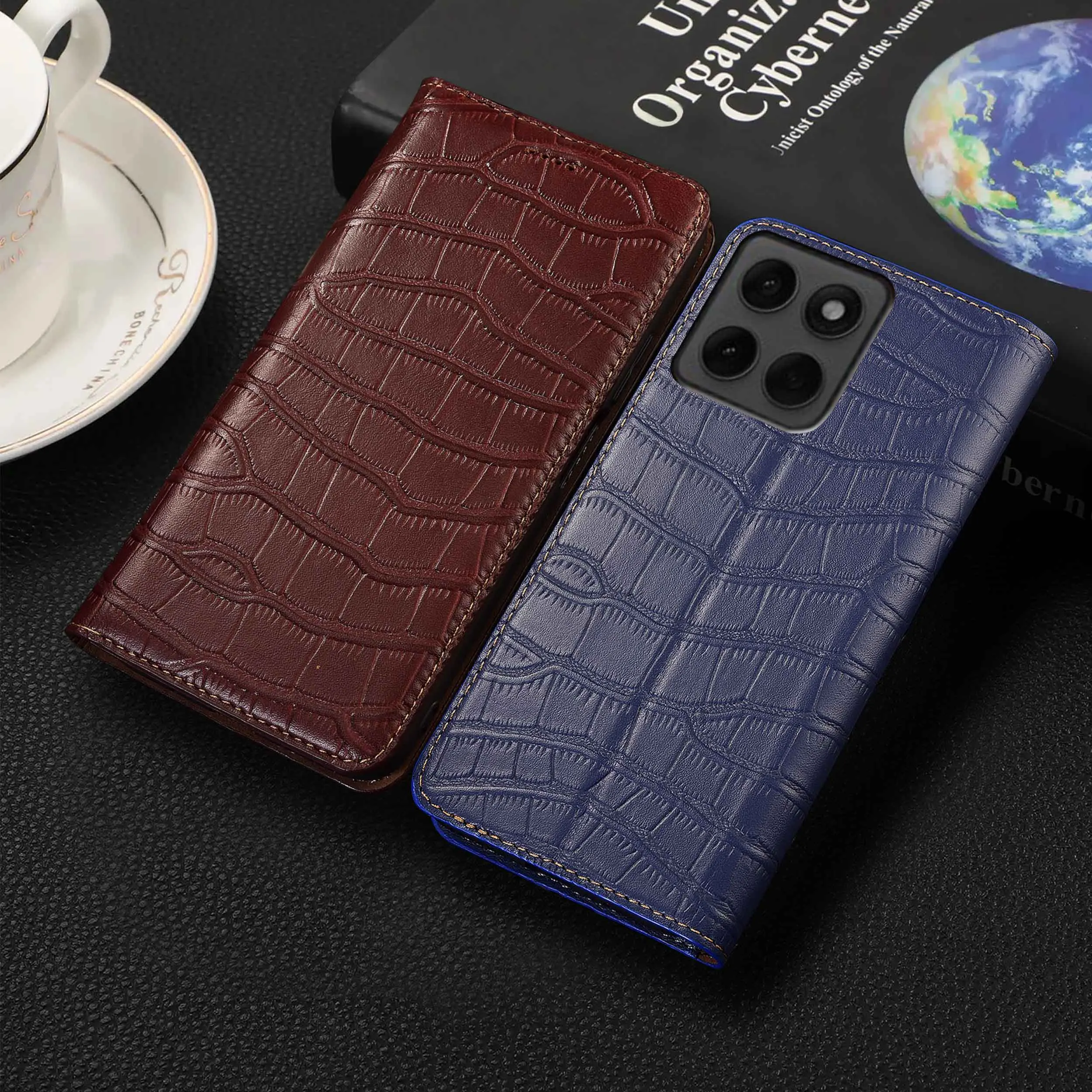

For Moto Edge 20 30 40 50 60 60S Fusion Pro Neo Ultra Lite Crocodile Belly Pattern Genuine Leather Flip Phone Cover Case Cowhide