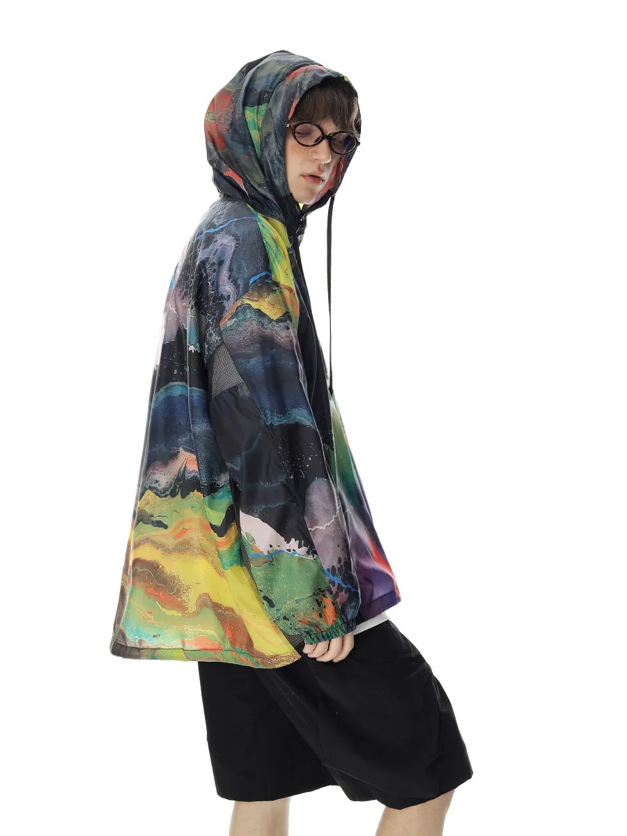 Summer Men Colorful Abstract Oil Painting Splash Print Hooded Jacket Lightweight Mesh Spliced Oversized Sunscreen Clothing