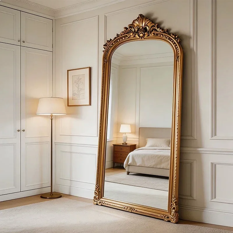 Nn French Vintage Arch Full Length Mirror Wall Mounted Ornate Carving Light Luxury Decor