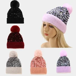 2023 Women's Plush Hats Winter Warm Bing Sequins Beanie Skullies Female Fur Pompom Hat Bonnet Beanie Caps