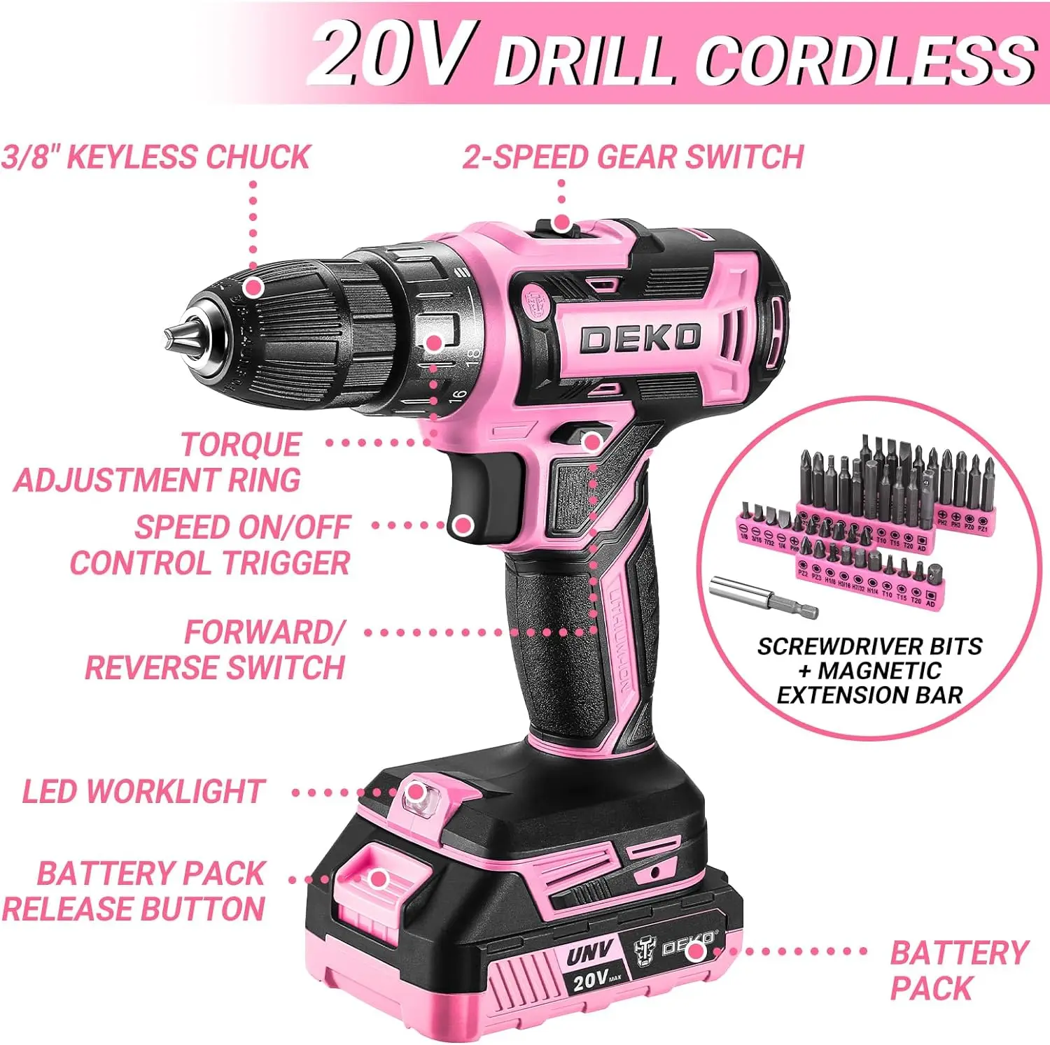 DEKO Pink Drill Tool Kit Set: 20V Cordless Power Drill Tool Box with Battery Electric Drill Driver