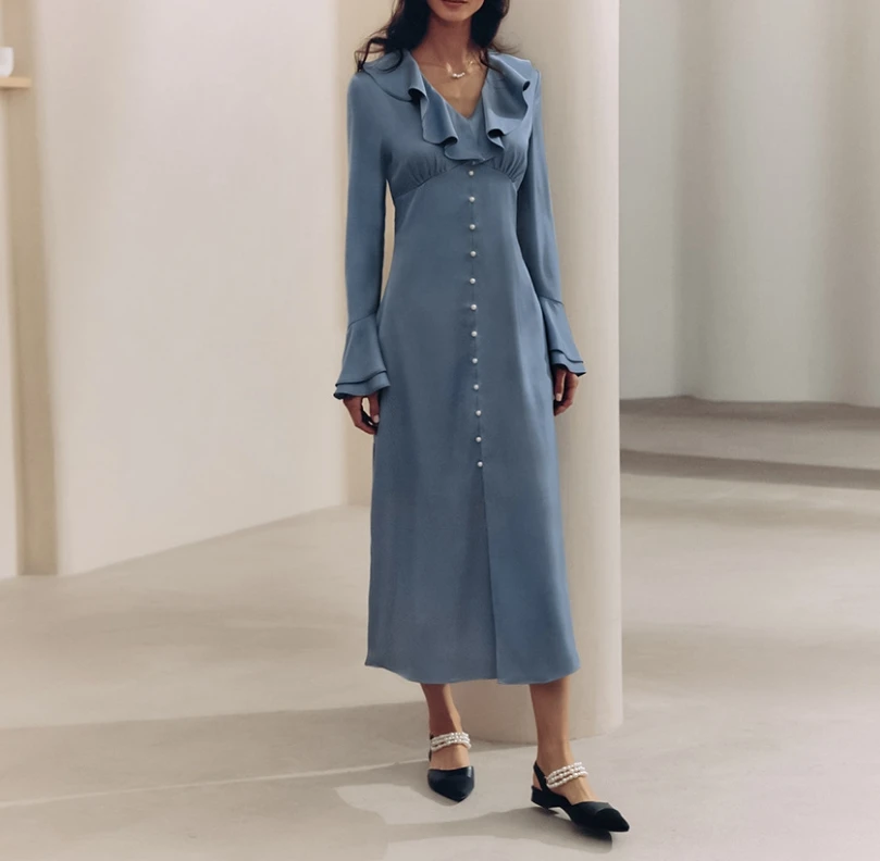 Casual Women's Dresses Temperament French V-Neck Flared Sleeves High Waisted Pleated Shirt Dresses Urban Women's Long Dresses