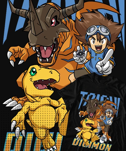 T-shirt For Anime Digimon Tai y Agumon Transformación Greymon