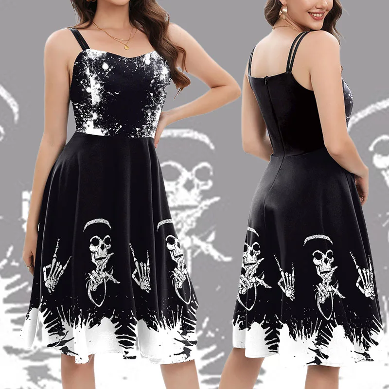 

Color Cosplayer Halloween Skull Dress Gothic Black Slip Dress Carnival Party Dresses Women Outfits Witch Cosplay Costume