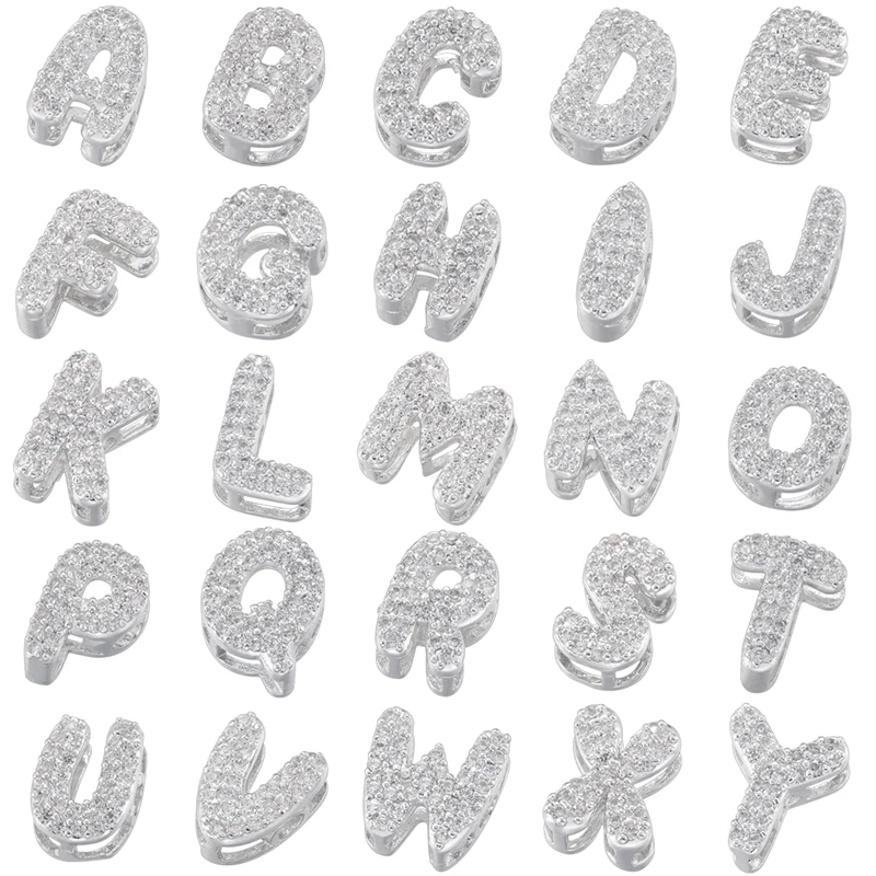 ZHUKOU 8×8MM Small Zirconia Letters Silvery A-Z Personalized Customized Beads Pendant Handmade Jewellery Making Accessorie:VZ487