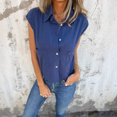Tops en blouses voor dames, overhemd 2025, katoenen overhemden met effen zomerknopen voor dames, top met korte mouwen en zak