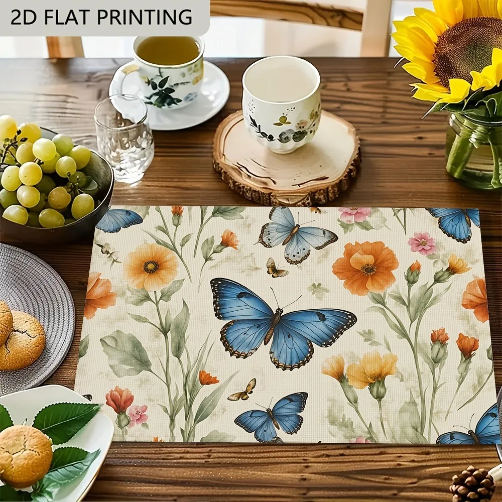 Watercolor Blue Morpho Butterfly Placemats Beige Linen Texture Wild Floral Print Table Mat Rustic Farmhouse Kitchen Dining Decor