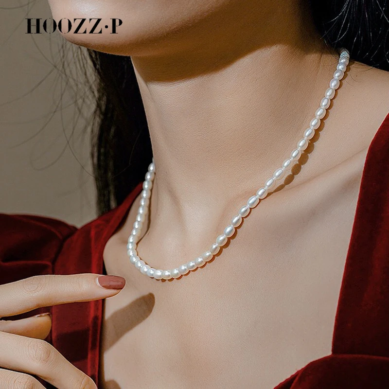 HOOZZ.P Top 2023 Fashion Pearl Necklace Natural Freshwater White Rice Pearls 925 Silver Fine Pearl Jewelry For Women Girls Gifts