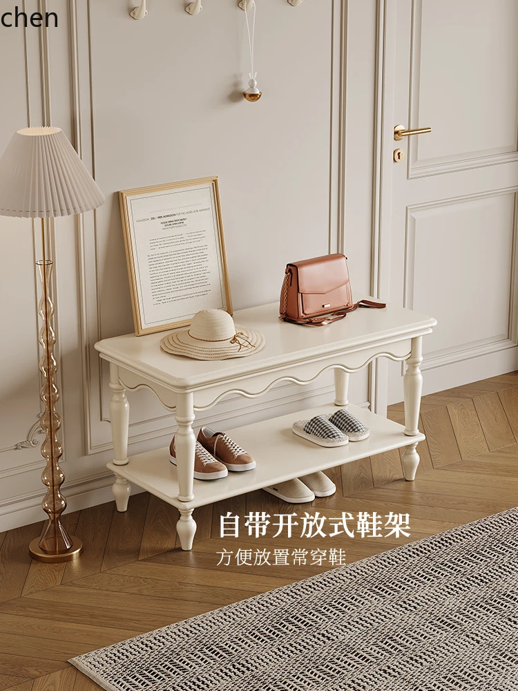 HT Cream Style Solid Wood Shoe Changing Stool Entrance Doorway Entry Stool with Soft Cushion Shoe Wearing Stool