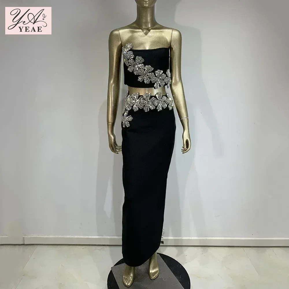 2024 New Women'S Black Sexy Strapless Shiny Diamond Flower Two-Piece Short Top+Long Skirt Tight Party Bandage Set