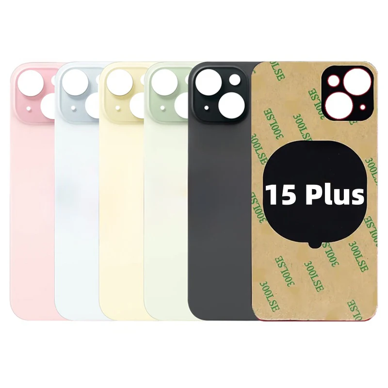 Panneau arrière en verre pour iPhone 15 Plus, couvercle de batterie, pièces de rechange, grand trou optimal, boîtier de porte arrière de caméra, lunette + adhésif