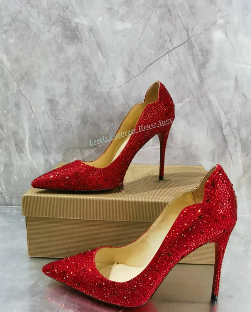 Luxury Crystal Decoration Woman Stiletto Heel Single Shoes Pointed Toe Slip On Lady Gold Red Party Wedding Pump Shoes