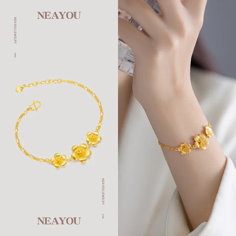 9999 real gold 24K yellow gold High-grade Peach Blossom Spring Bracelet Flower Bracelet for Women