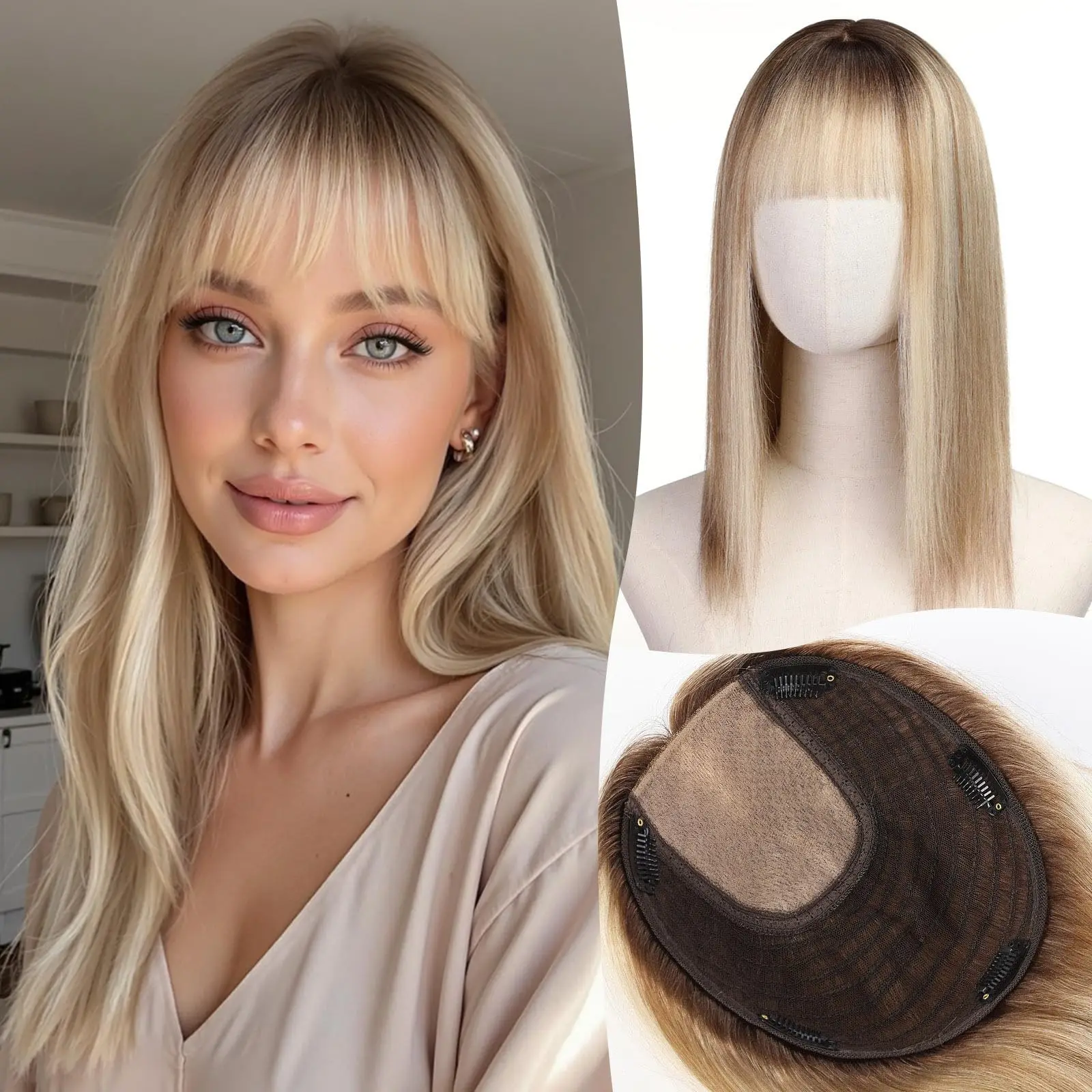 

Ombre Brown Blonde Human Hair Toppers Natural Remy 5Clips 9x9inch Silk Base 16inch Hair Topper with Bangs in Extension for Women