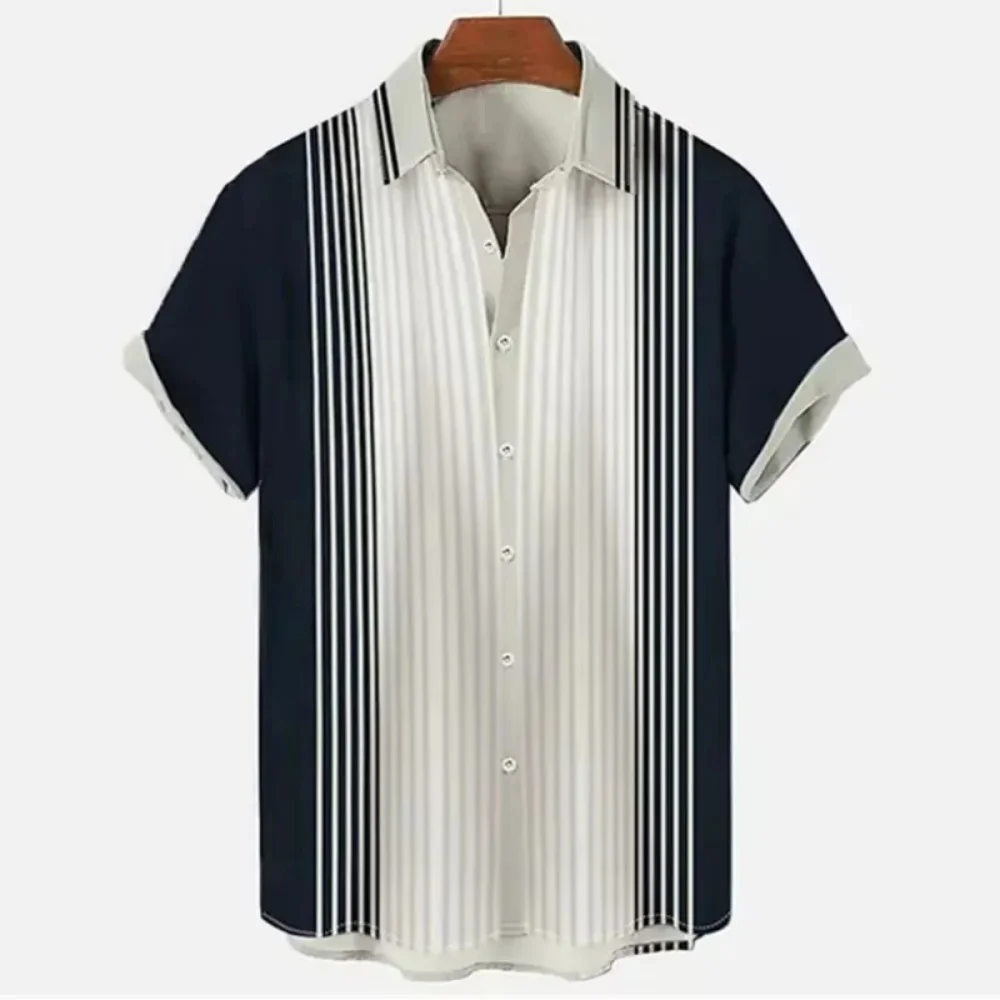 Hawaiian Colorful Stripes Graphic Beach Shirt for Men Color Block 3D Printed Shirts Summer Vacation Beach Short Sleeve Blouse