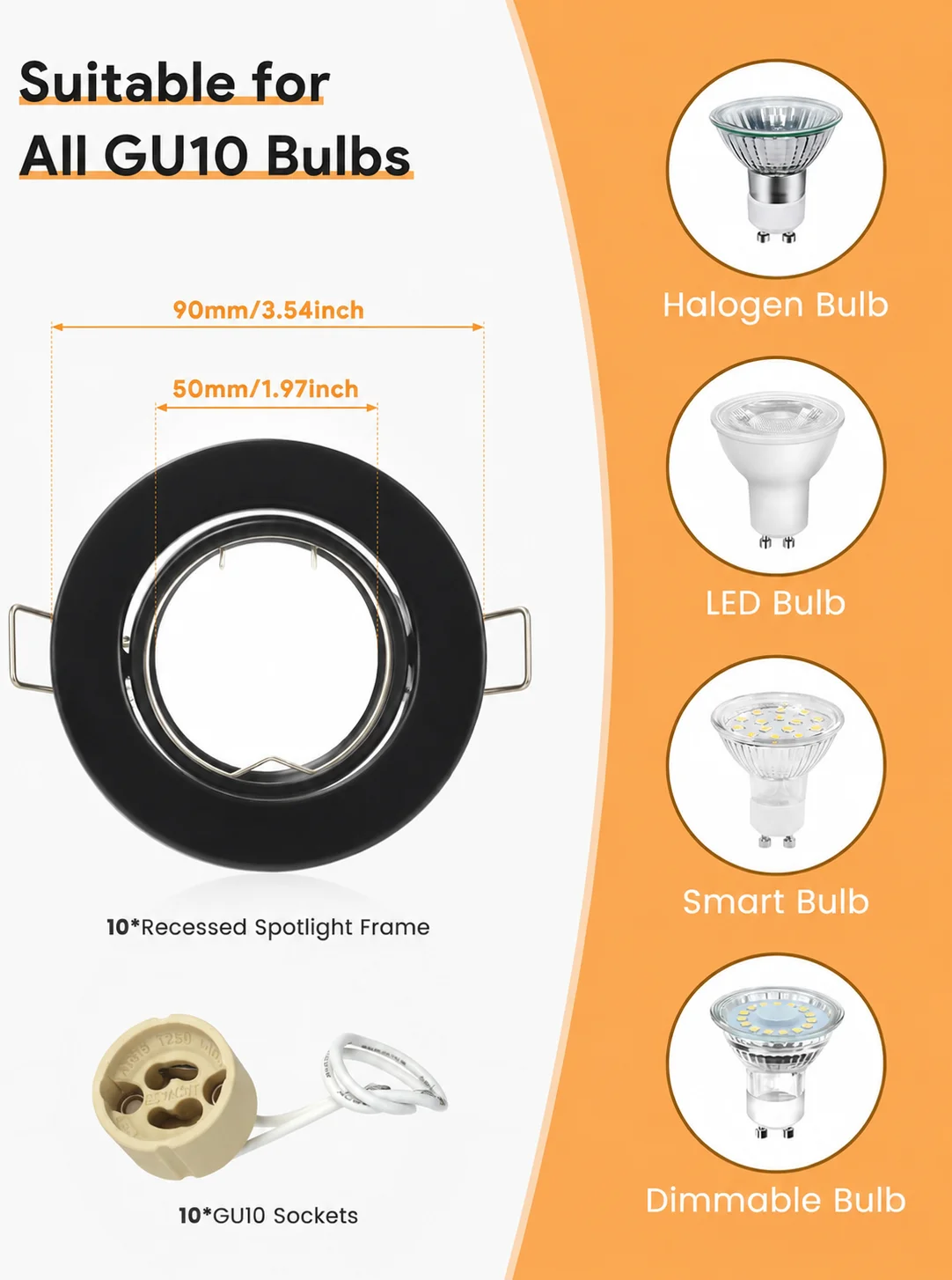 JOYINLED Pack of 10 Metal Recessed Spotlights Hole Diameter 68 Mm Mounting Frame in Round Black 30° Swivel for Recessed Lighting
