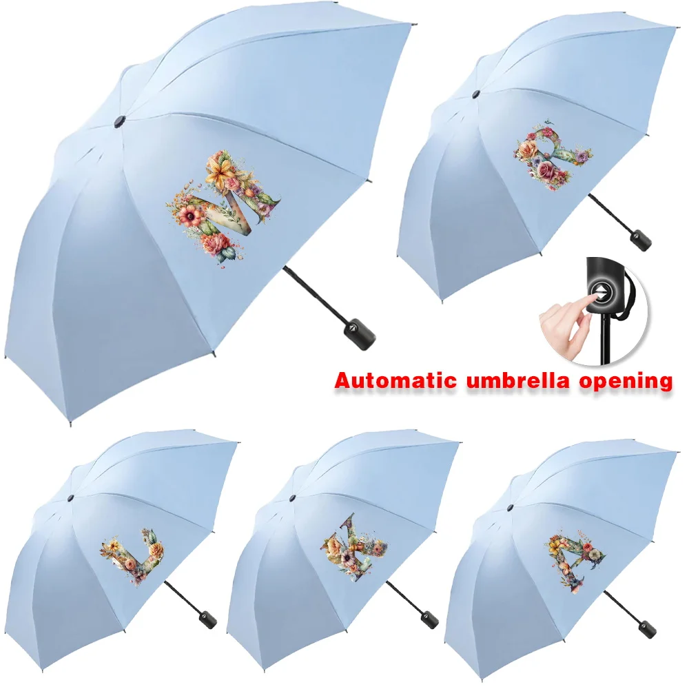 

Automatic Umbrella Portable Sunshade Sunscreen Rain Umbrella Blue Handle Foldable Sun Rain Dual Travel floral letter Series