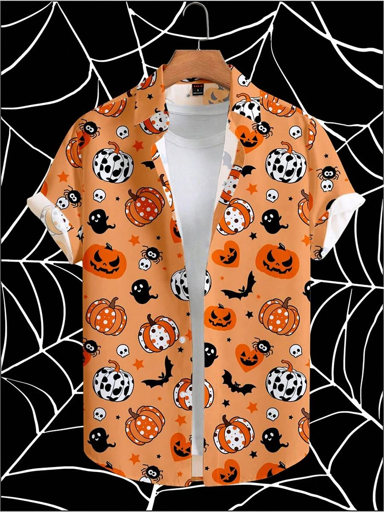 Halloween Daily Casual Men's Short-sleeved Shirt Pumpkin Head Printed Men's Casual Shirt Urban Street Men's Fashion Shir