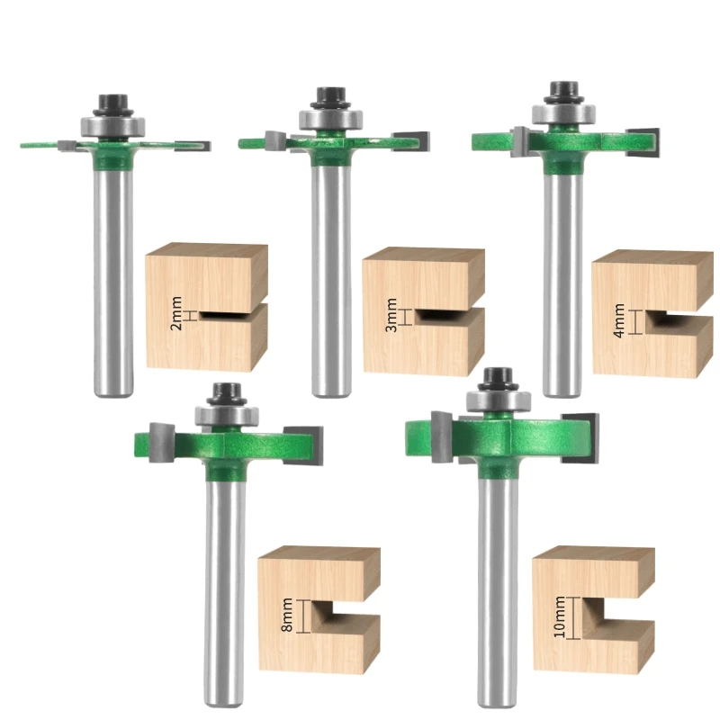 8MM Shank Green 3 Carbide T-Type Slotting Cutter Bit with Bearing Z3 Rabbeting Milling Cutters for Woodwork Face Mill End Mill