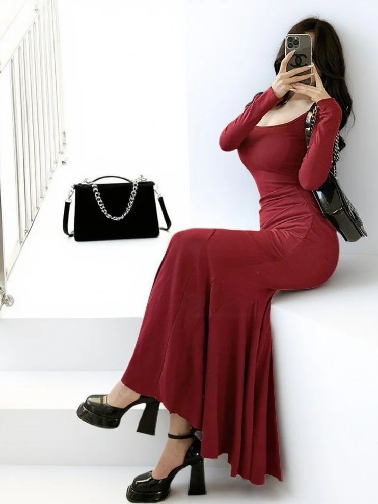 Sukienka plus size w stylu syreny, etapowa, z bufiastą spódnicą, wyszczuplająca, obcisła, długa, z wysokim stanem, w stylu koreańskim, elegancka, do pracy, na sezon jesieni.