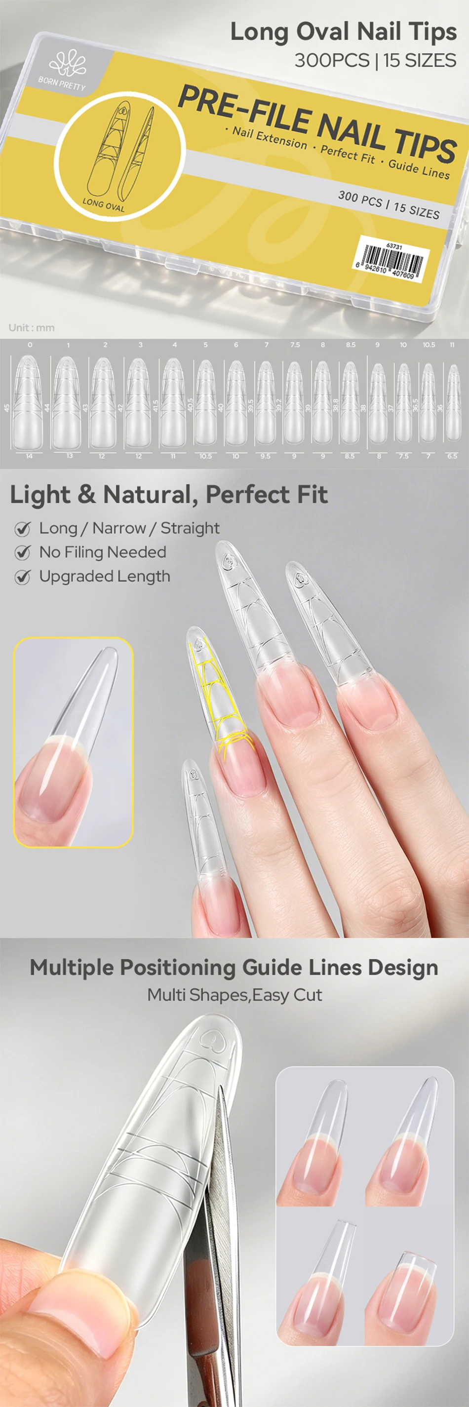 BORN PRETTY Matte Lange Ovale Aufklebenägel 300 Stück 15 Größen Vollständige Abdeckung Vorgefertigte Acryl-Kunstnägel DIY Maniküre – Detail 1