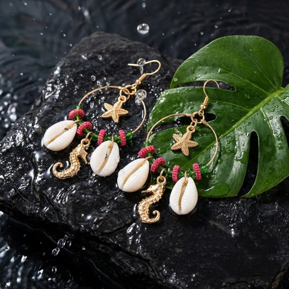 Kristall-Kreis Muschel Seestern Quasten-Ohrringe für Damen und Herren Boho Ozean Seepferdchen Ohrringe Trendiger Sommer-Strandschmuck – Detail 23
